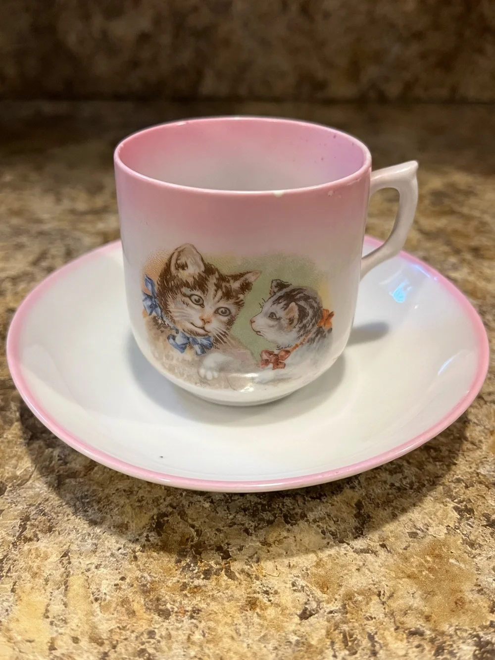 Vintage Pink Cat Demitasse Cup and Saucer Tabby Cats with Bows